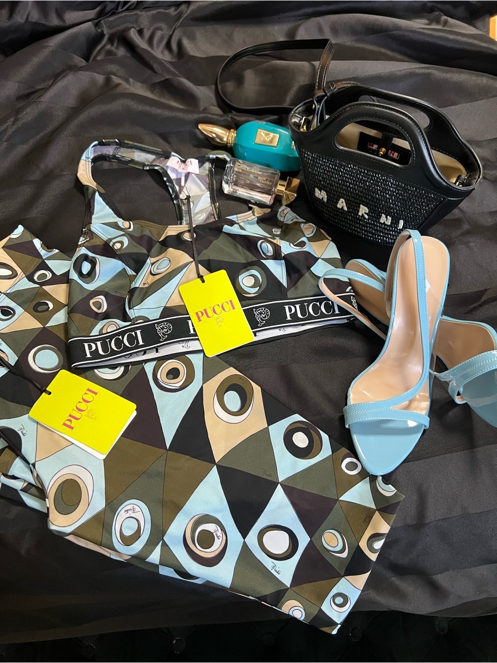 Emilio Pucci Geometric Light Blue, Olive & Black Leggings